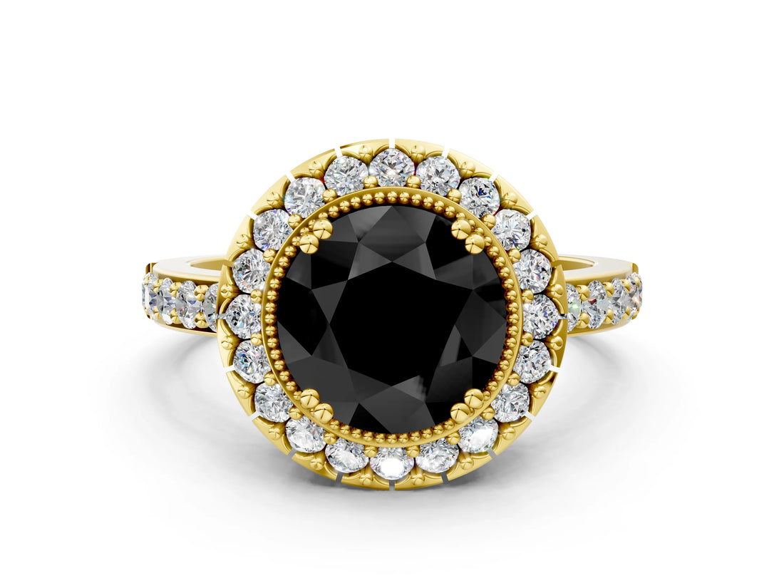 Yellow gold Fancy Black Round Cut Diamond Halo Ring with Pavé Band and Prong Setting