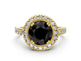 Yellow gold Fancy Black Round Cut Diamond Halo Ring with Pavé Band and Prong Setting