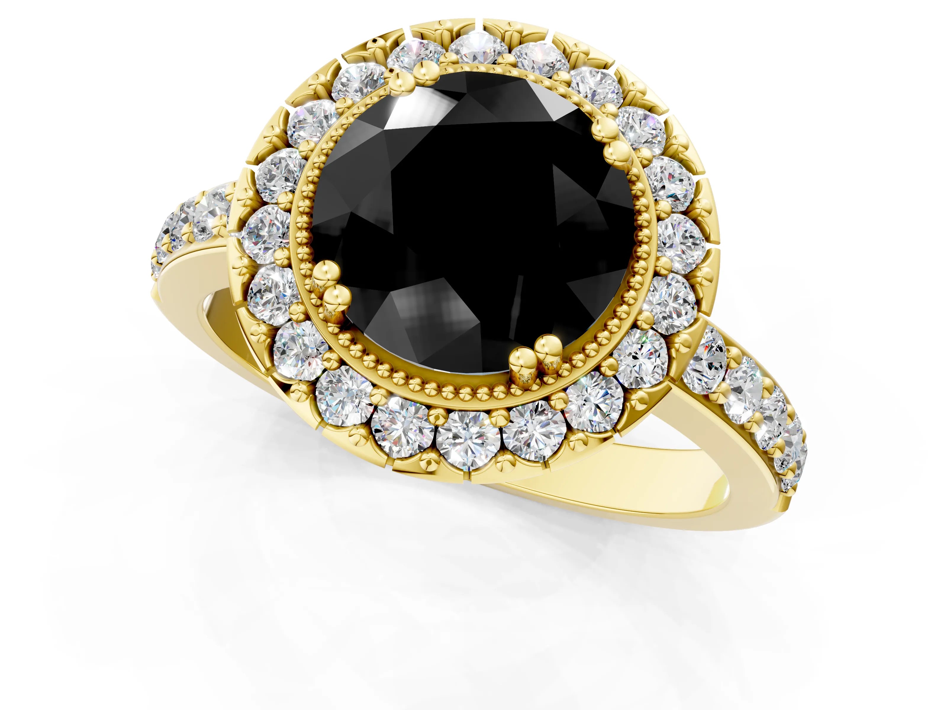 Yellow gold Fancy Black Round Cut Diamond Halo Ring with Pavé Band and Prong Setting_1