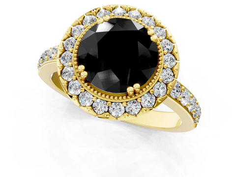 Yellow gold Fancy Black Round Cut Diamond Halo Ring with Pavé Band and Prong Setting_1