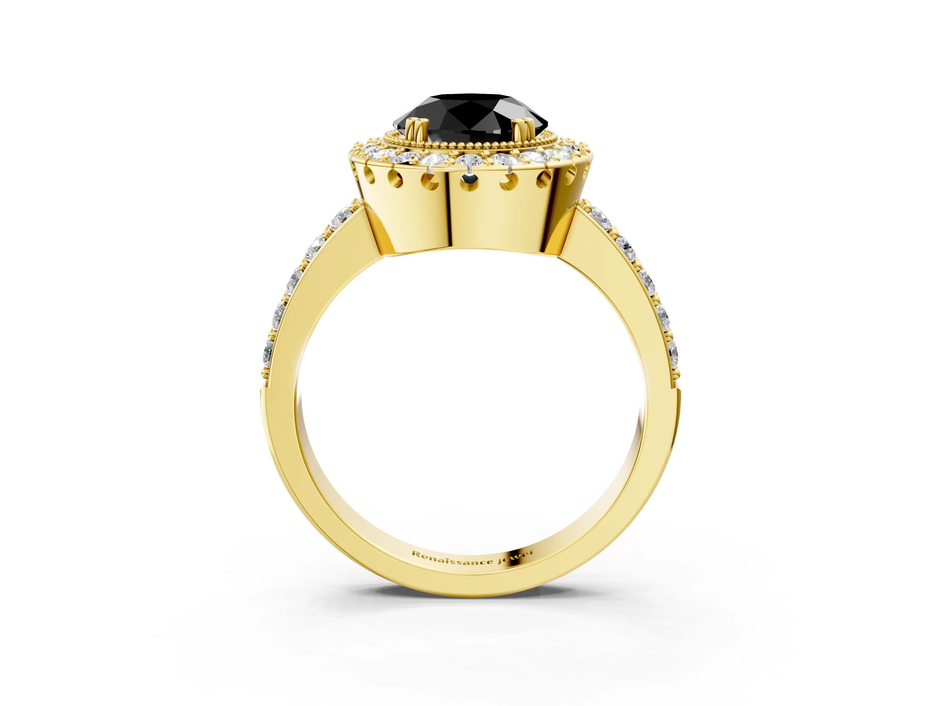 Yellow gold Fancy Black Round Cut Diamond Halo Ring with Pavé Band and Prong Setting_3
