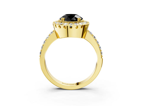 Yellow gold Fancy Black Round Cut Diamond Halo Ring with Pavé Band and Prong Setting_3