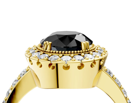 Yellow gold Fancy Black Round Cut Diamond Halo Ring with Pavé Band and Prong Setting_4