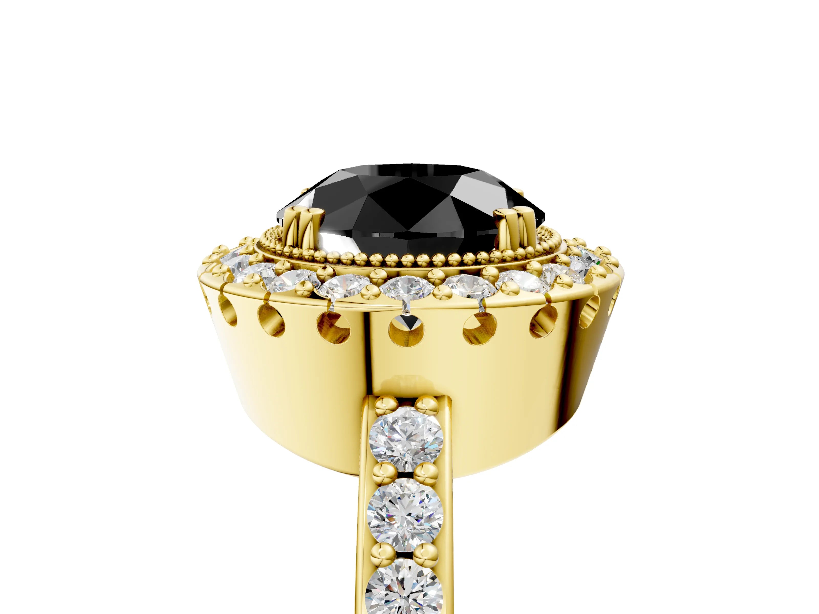 Yellow gold Fancy Black Round Cut Diamond Halo Ring with Pavé Band and Prong Setting_5