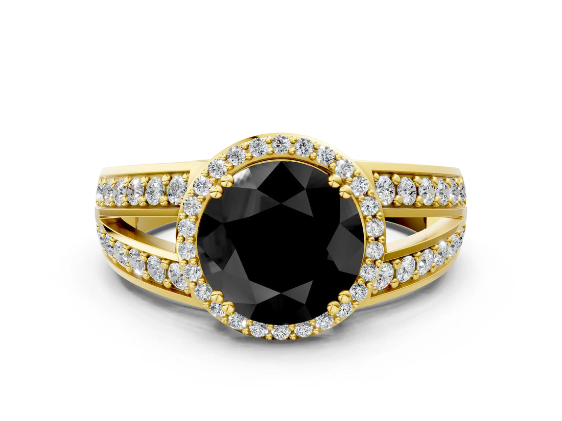 Yellow gold Fancy Black Round Cut Diamond Halo Ring with Split Shank Pavé Band and Four-Prong Setting
