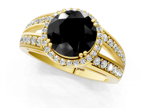 Yellow gold Fancy Black Round Cut Diamond Halo Ring with Split Shank Pavé Band and Four-Prong Setting_1