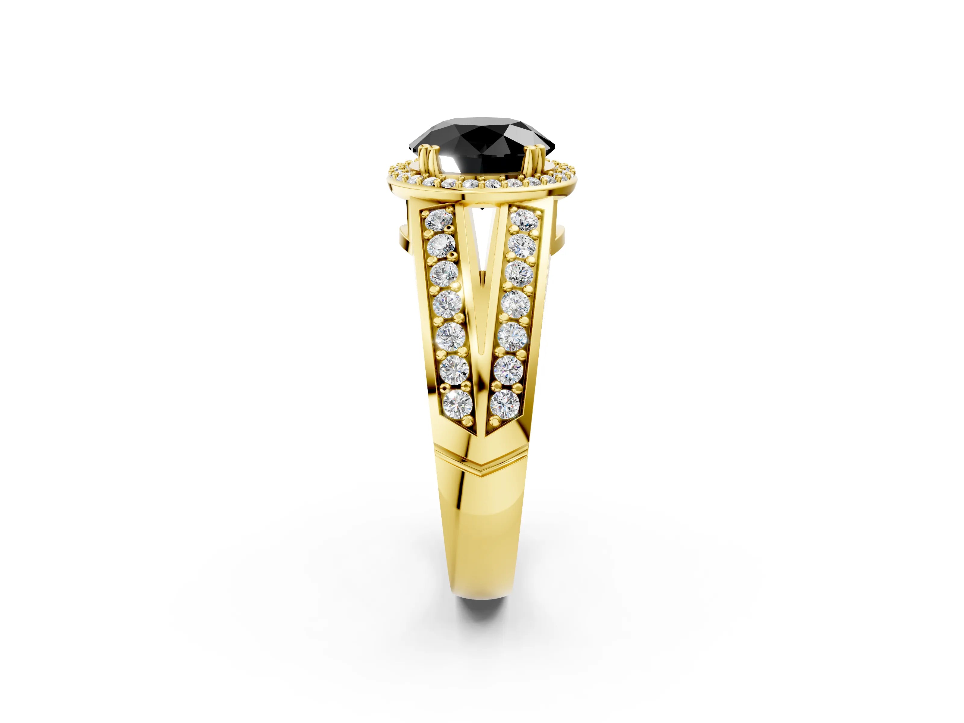 Yellow gold Fancy Black Round Cut Diamond Halo Ring with Split Shank Pavé Band and Four-Prong Setting_2