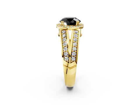 Yellow gold Fancy Black Round Cut Diamond Halo Ring with Split Shank Pavé Band and Four-Prong Setting_2