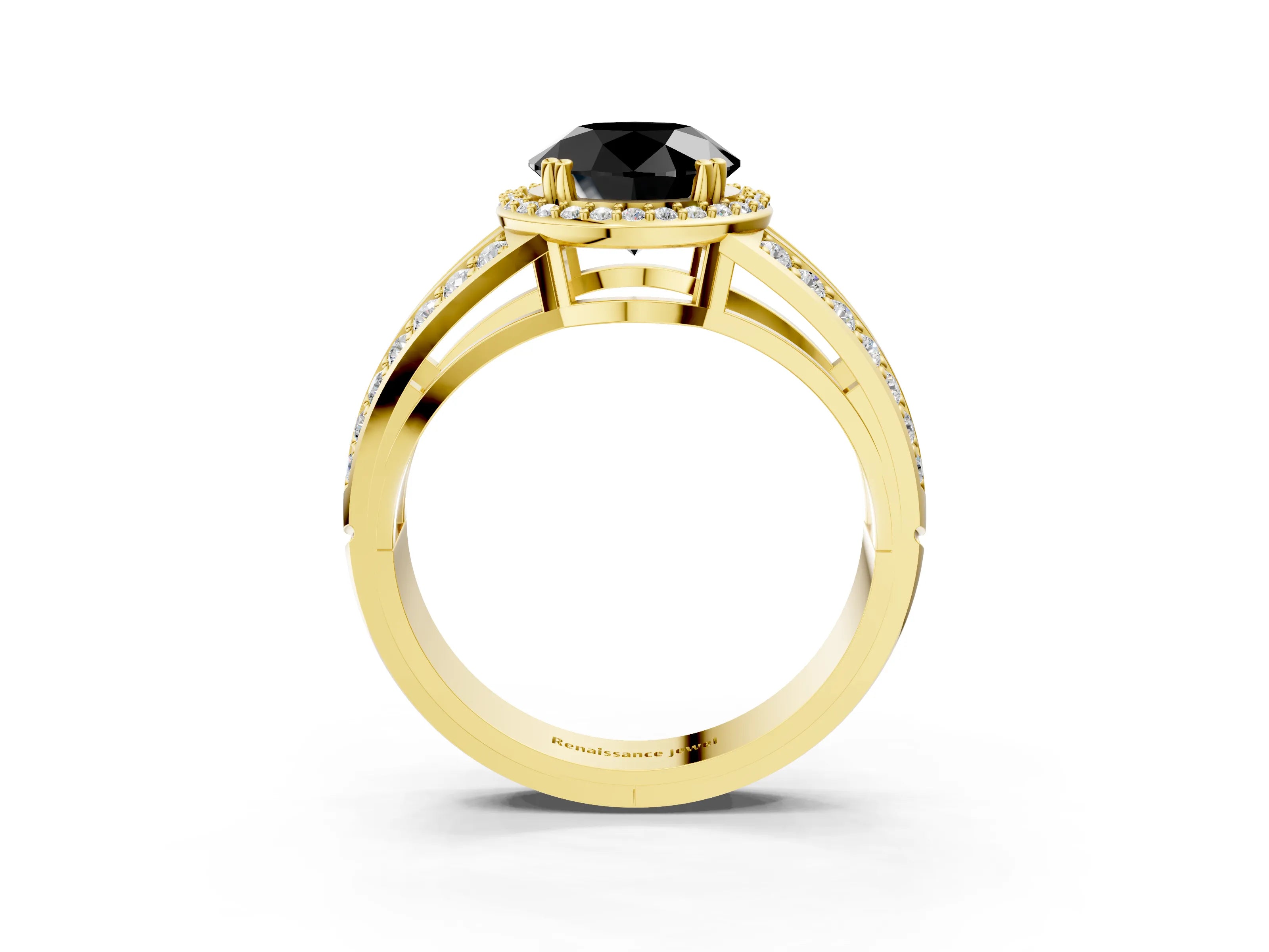 Yellow gold Fancy Black Round Cut Diamond Halo Ring with Split Shank Pavé Band and Four-Prong Setting_3