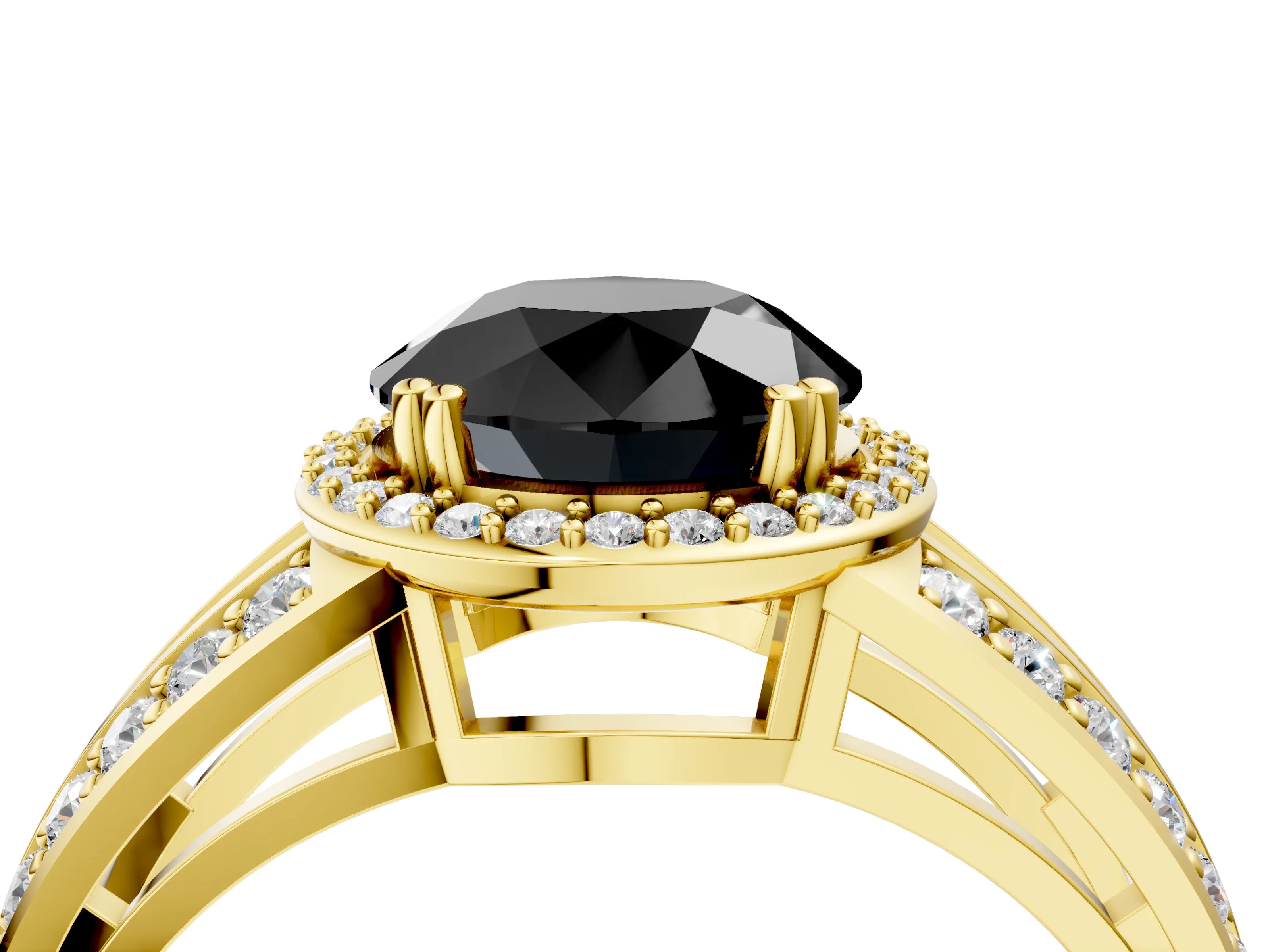 Yellow gold Fancy Black Round Cut Diamond Halo Ring with Split Shank Pavé Band and Four-Prong Setting_4