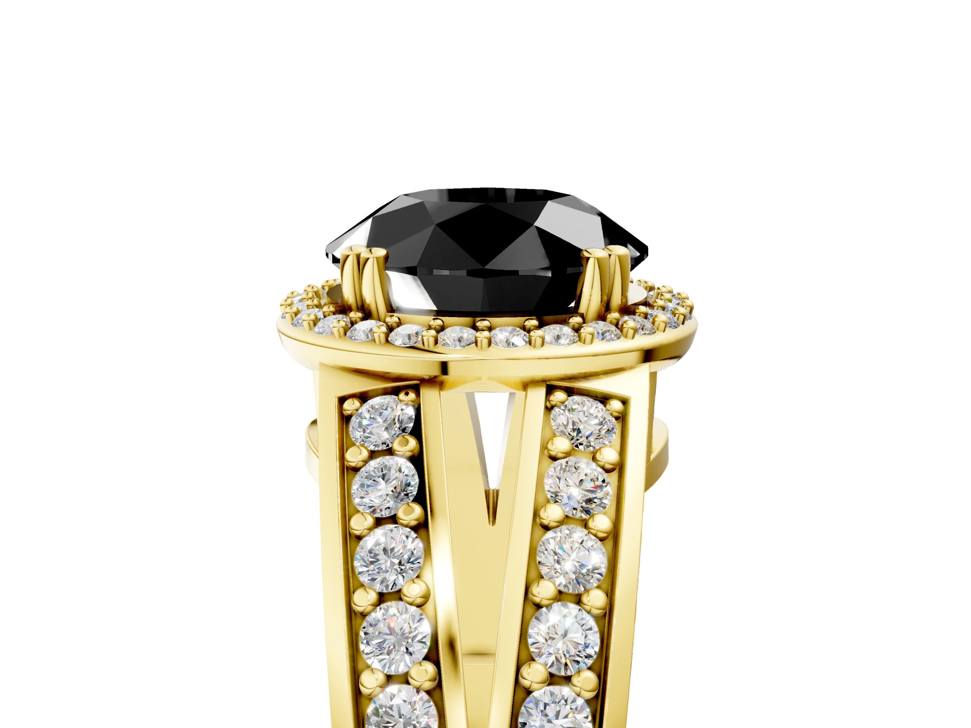 Yellow gold Fancy Black Round Cut Diamond Halo Ring with Split Shank Pavé Band and Four-Prong Setting_5