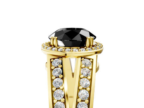 Yellow gold Fancy Black Round Cut Diamond Halo Ring with Split Shank Pavé Band and Four-Prong Setting_5