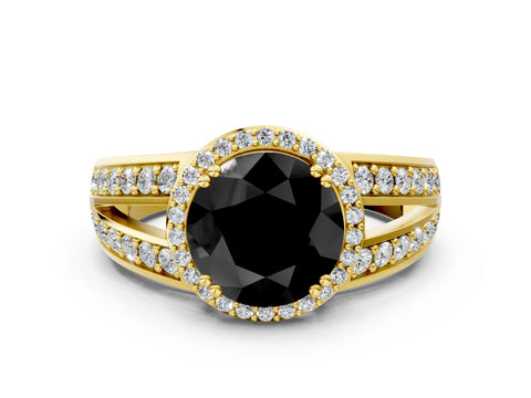 Yellow gold Fancy Black Round Cut Diamond Halo Ring with Split Shank Pavé Band and Four-Prong Setting
