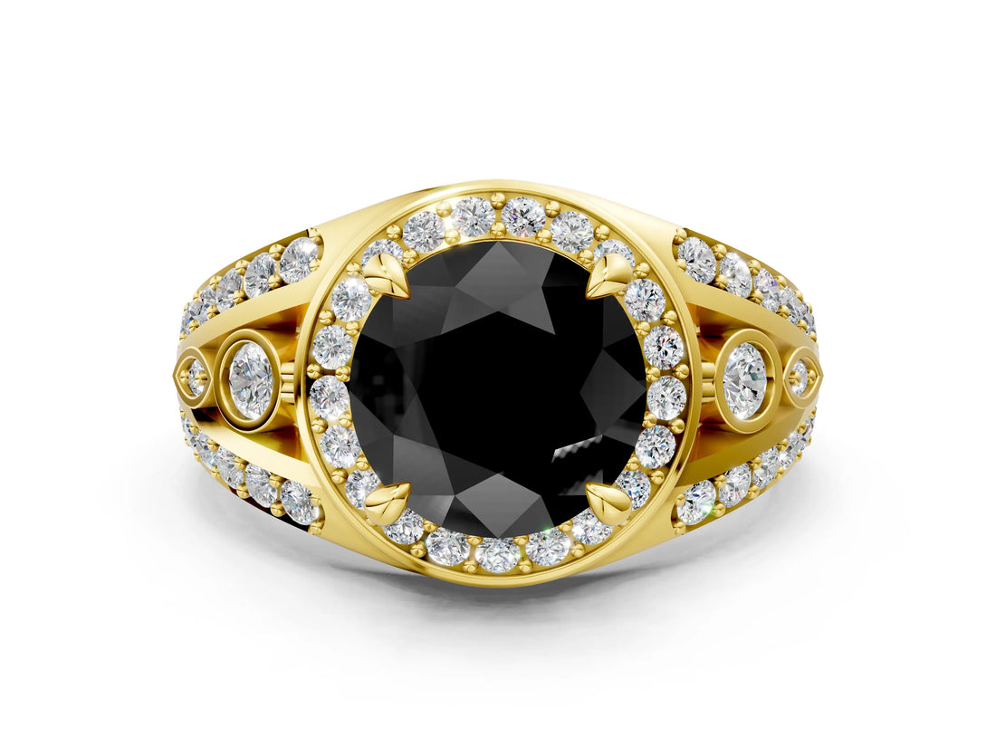 Yellow gold Fancy Black Round Cut Diamond Halo Ring with Split Shank and Bezel Accents and Four-Prong Setting