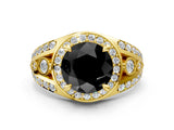 Yellow gold Fancy Black Round Cut Diamond Halo Ring with Split Shank and Bezel Accents and Four-Prong Setting