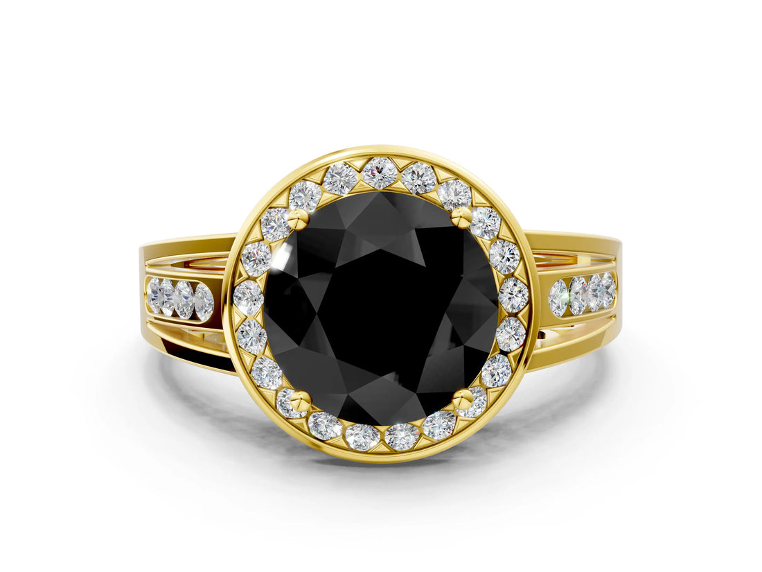 Yellow gold Fancy Black Round Cut Diamond Halo Ring with Split Shank and Bezel Accents and Prong Setting