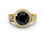 Yellow gold Fancy Black Round Cut Diamond Halo Ring with Split Shank and Bezel Accents and Prong Setting