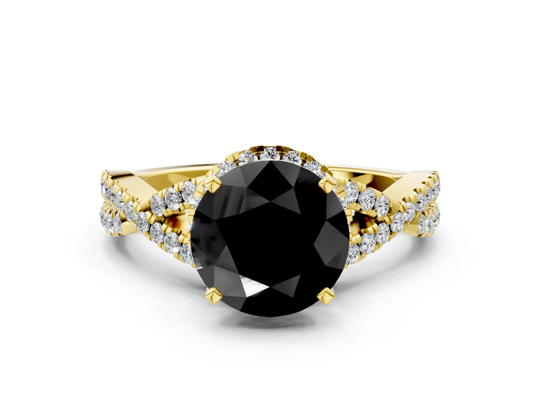 Yellow gold Fancy Black Round Cut Diamond Halo Twist Band Solitaire Prong Setting Ring