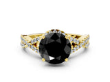 Yellow gold Fancy Black Round Cut Diamond Halo Twist Band Solitaire Prong Setting Ring