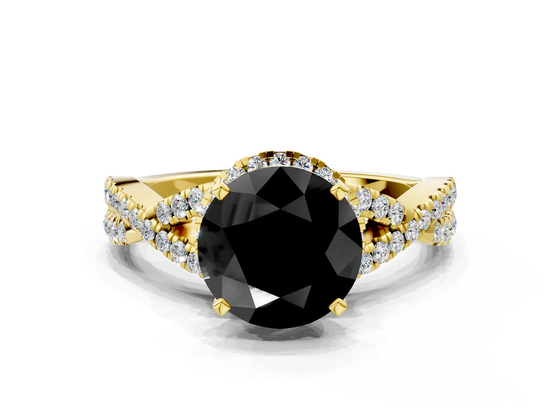 Yellow gold Fancy Black Round Cut Diamond  Halo Twist Band Solitaire Prong Setting Ring_36