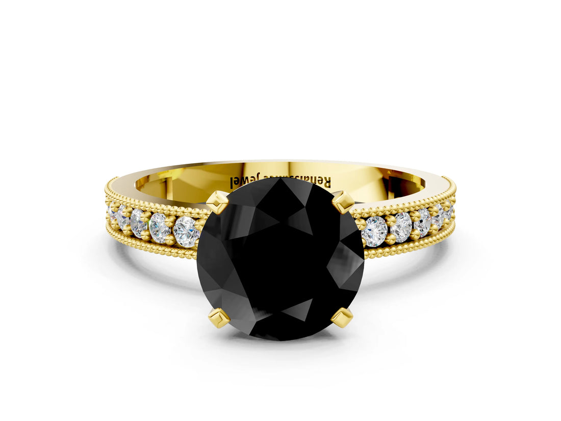 Yellow gold Fancy Black Round Cut Diamond Milgrain Pavé Engagement Ring with Four-Prong Setting
