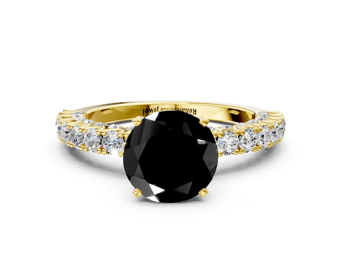 Yellow gold Fancy Black Round Cut Diamond Pavé Band Solitaire Ring with Prong Setting_12