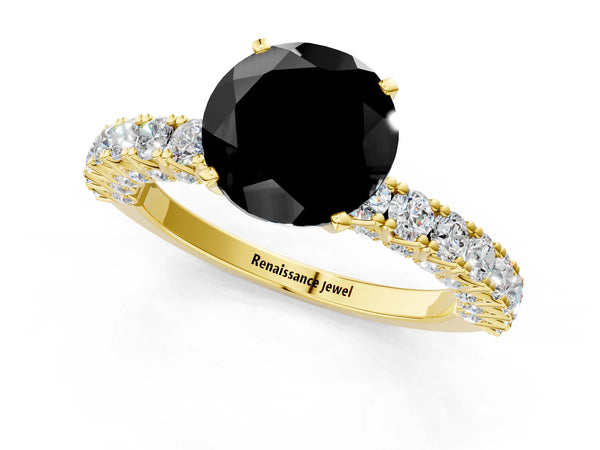 Yellow Gold Round Solitaire Engagement Ring Setting for Black Center with Two-Row Round Accent Band