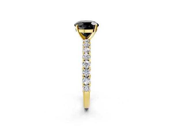 Yellow Gold Round Solitaire Engagement Ring Setting for Black Center with Two-Row Round Accent Band