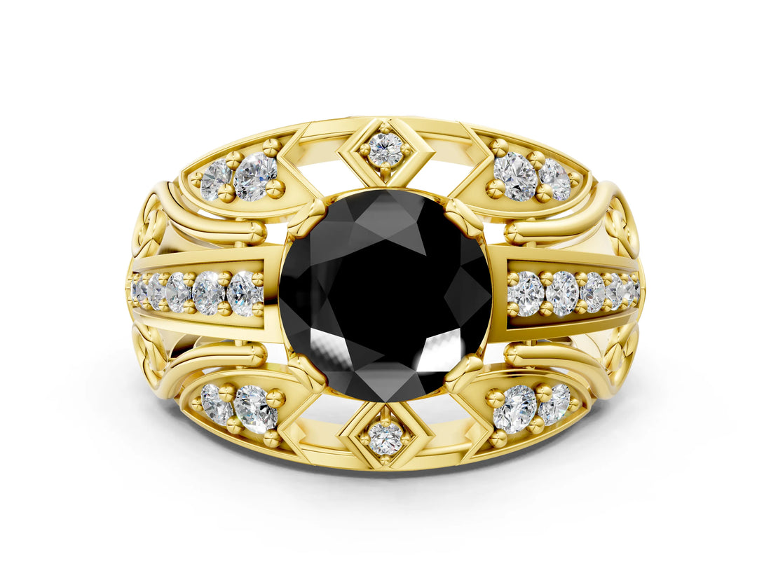 Yellow gold Fancy Black Round Cut Diamond Pave Art Deco Split Shank Ring with Four-Prong Setting