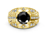 Yellow gold Fancy Black Round Cut Diamond Pave Art Deco Split Shank Ring with Four-Prong Setting