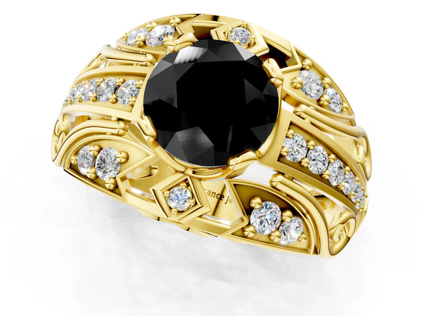 Yellow gold Fancy Black Round Cut Diamond Pave Art Deco Split Shank Ring with Four-Prong Setting