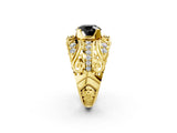 Yellow gold Fancy Black Round Cut Diamond Pave Art Deco Split Shank Ring with Four-Prong Setting_2