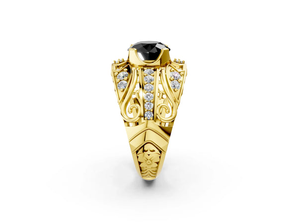 Yellow gold Fancy Black Round Cut Diamond Pave Art Deco Split Shank Ring with Four-Prong Setting