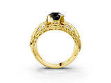 Yellow gold Fancy Black Round Cut Diamond Pave Art Deco Split Shank Ring with Four-Prong Setting_3