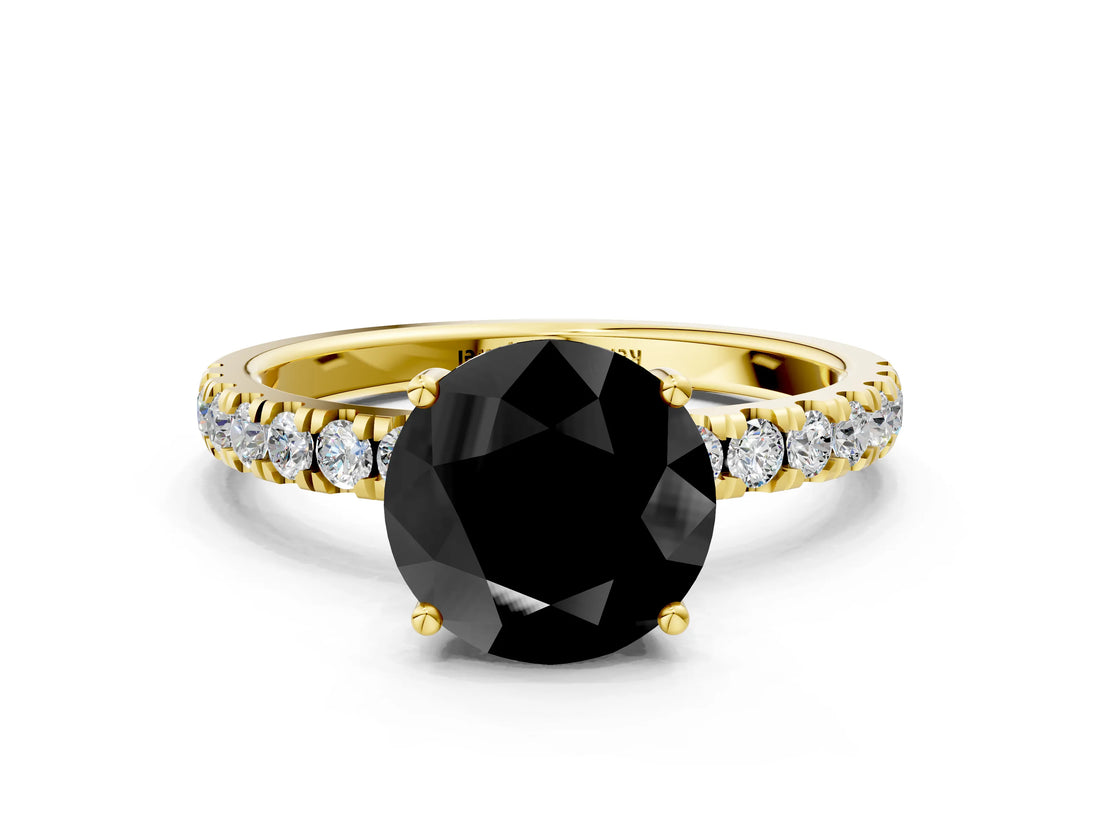 Yellow gold Fancy Black Round Cut Diamond Pave Band Solitaire Ring with Four-Prong Setting_12