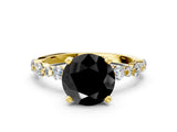Yellow gold Fancy Black Round Cut Diamond Prong Set Engagement Ring with Pave Band