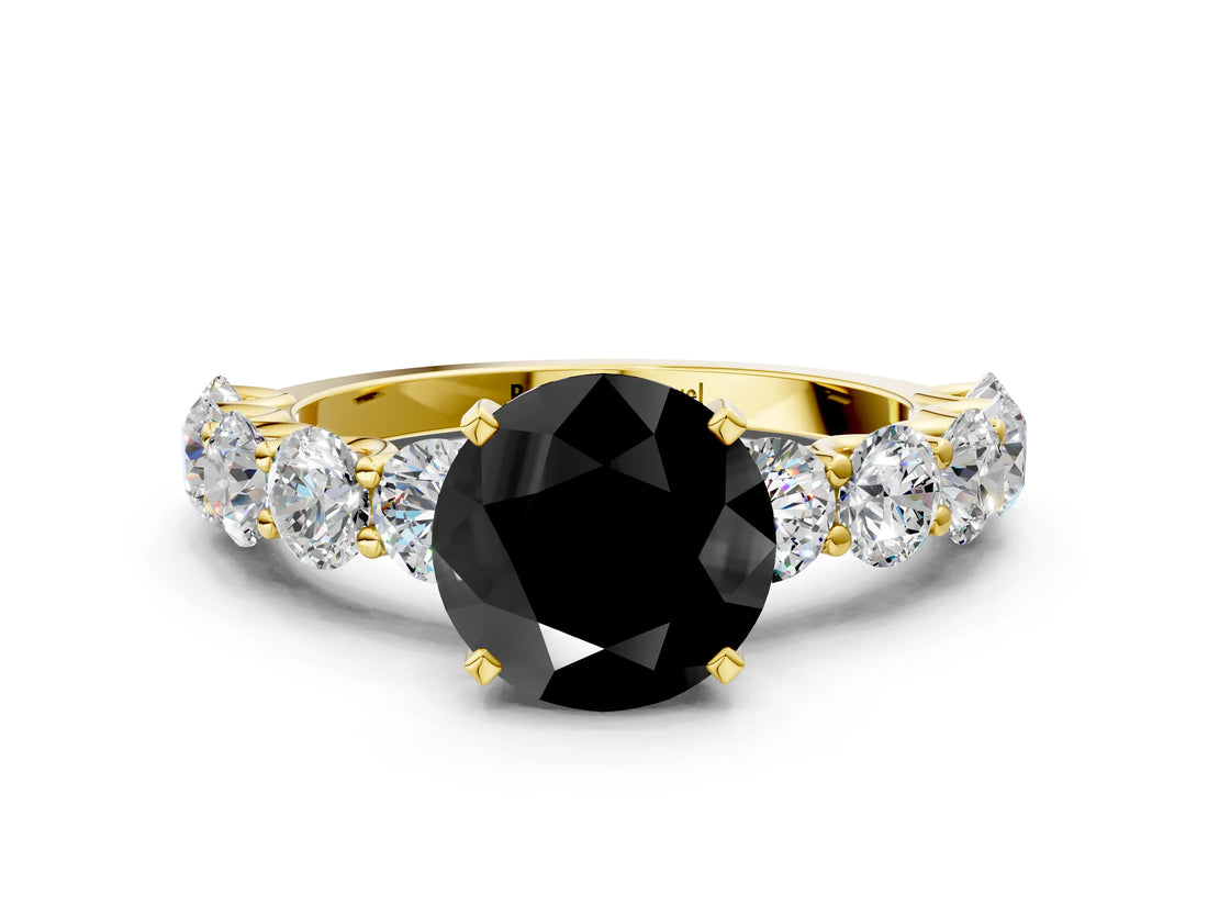 Yellow gold Fancy Black Round Cut Diamond Prong Setting with Side Stones on a Pave Band