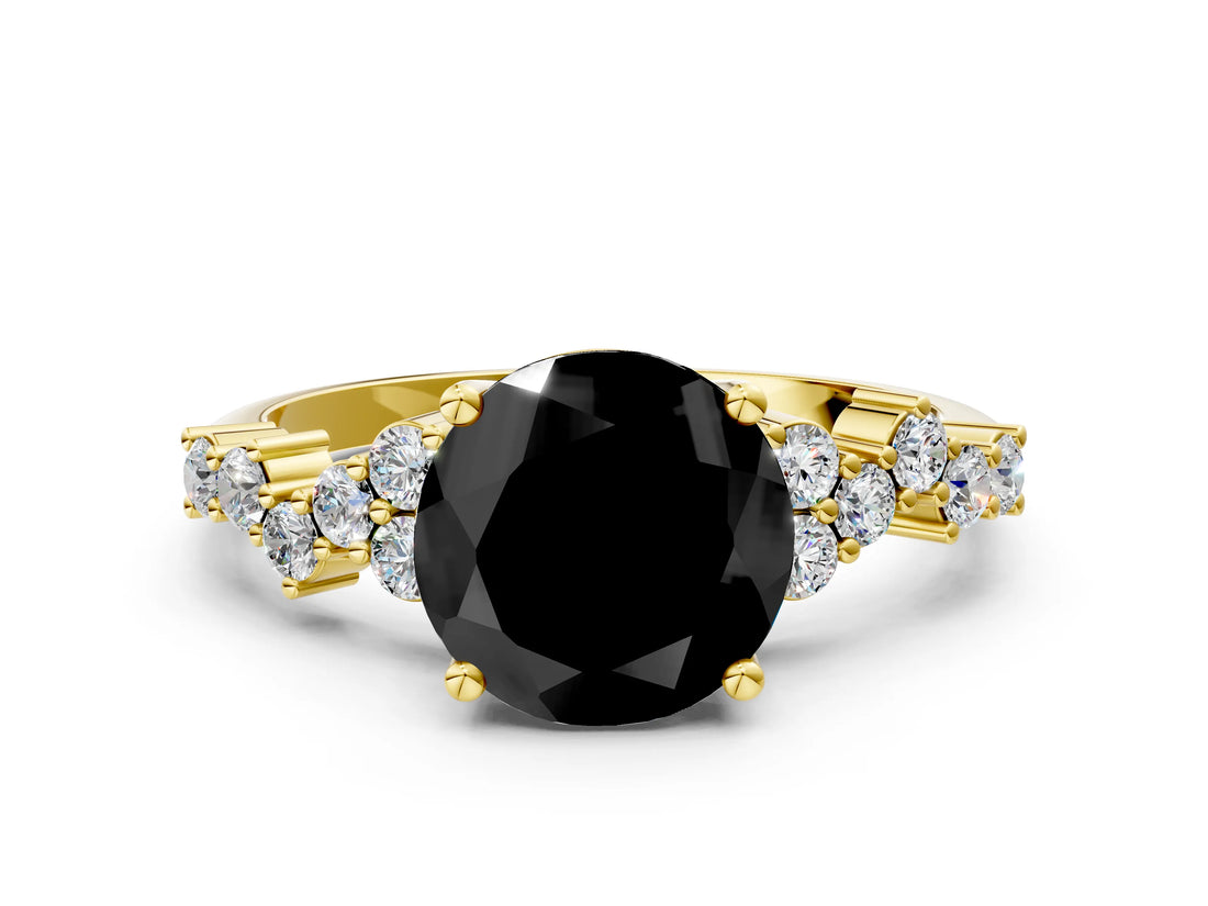 Yellow gold Fancy Black Round Cut Diamond Scattered Round Accent Ring with Prong Setting_12
