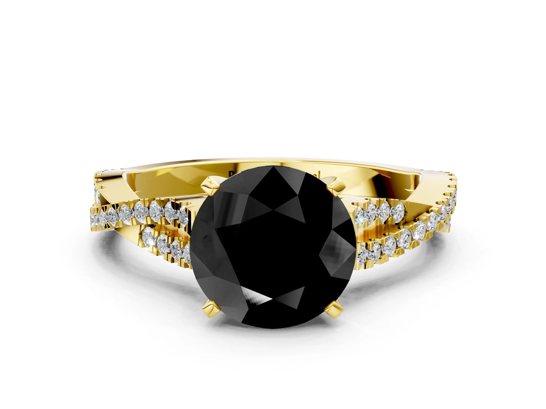 Yellow gold Fancy Black Round Cut Diamond Solitaire Engagement Ring with Twisted Pavé Band and Four-Prong Setting_24