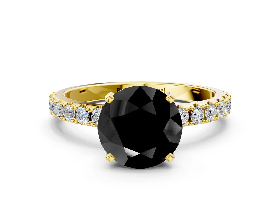 Yellow gold Fancy Black Round Cut Diamond Solitaire Pavé Band with Four-Prong Setting