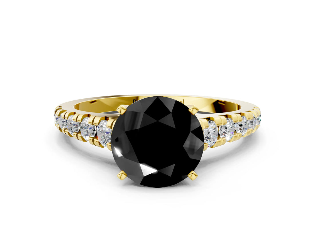 Yellow gold Fancy Black Round Cut Diamond Solitaire Ring with Cathedral Setting and Pavé Band