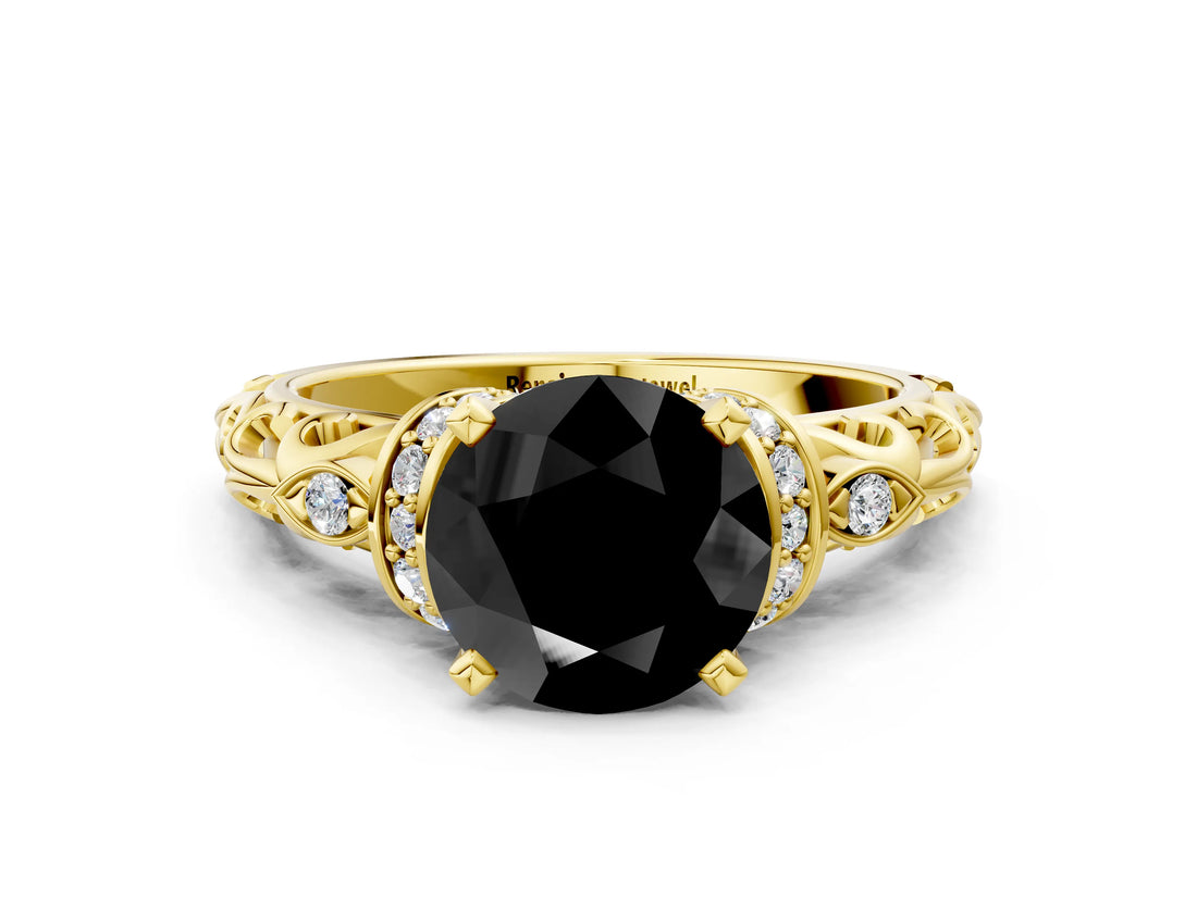 Yellow gold Fancy Black Round Cut Diamond Solitaire Ring with Filigree Band and Four-Prong Setting