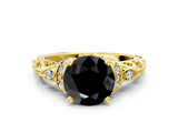 Yellow gold Fancy Black Round Cut Diamond Solitaire Ring with Filigree Band and Four-Prong Setting