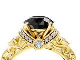 Yellow gold Fancy Black Round Cut Diamond Solitaire Ring with Filigree Band and Four-Prong Setting_4
