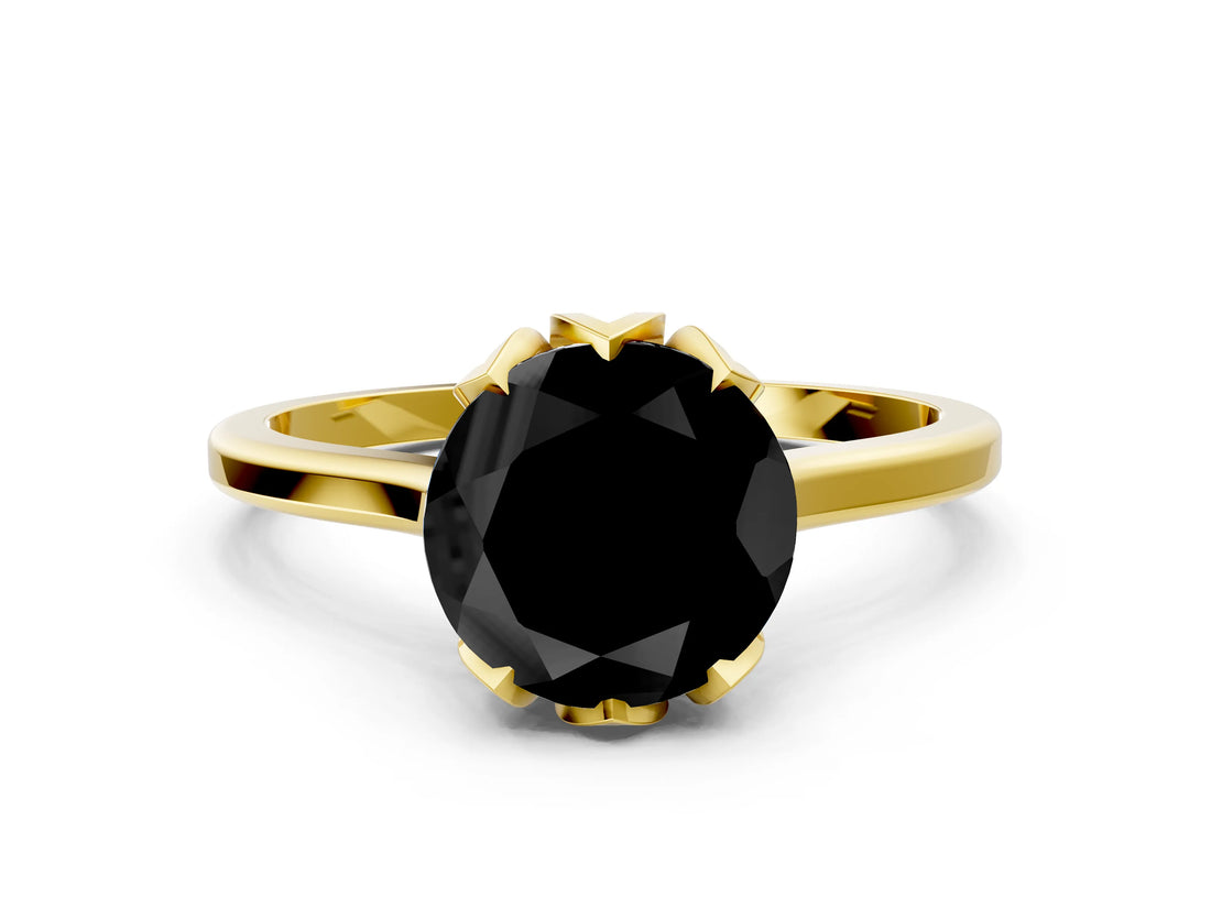 Yellow gold Fancy Black Round Cut Diamond Solitaire Ring with Flower Prong Setting and Classic Band_24