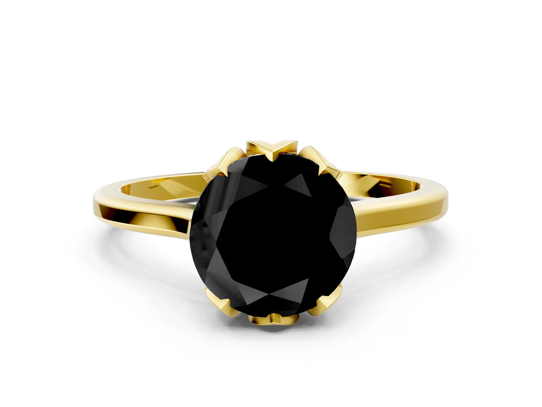 Yellow gold Fancy Black Round Cut Diamond Solitaire Ring with Flower Prong Setting and Classic Band_36