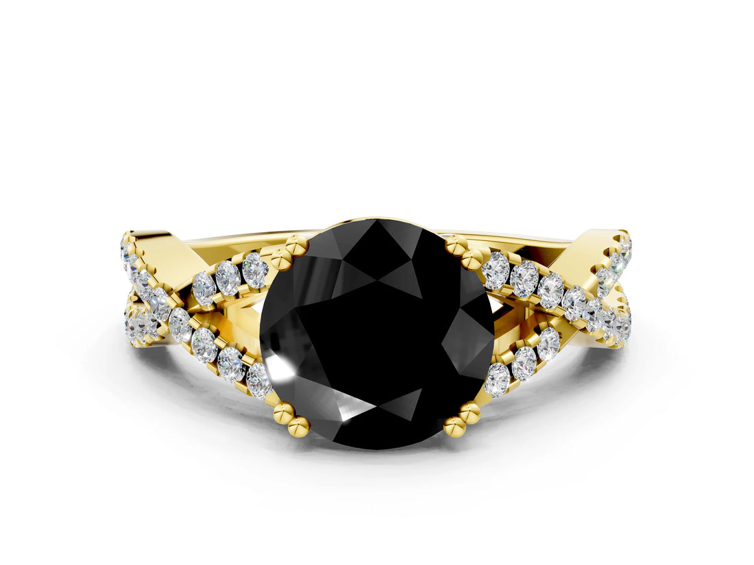 Yellow gold Fancy Black Round Cut Diamond Solitaire Ring with Four-Prong Setting and Twisted Pavé Band