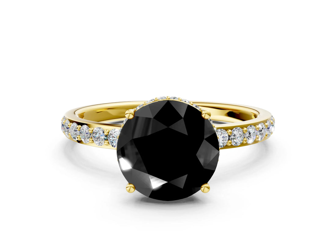 Yellow gold Fancy Black Round Cut Diamond Solitaire Ring with Pavé Band and Hidden Halo_12