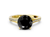 Yellow gold Fancy Black Round Cut Diamond Solitaire Ring with Pavé Band and Prong Setting_12