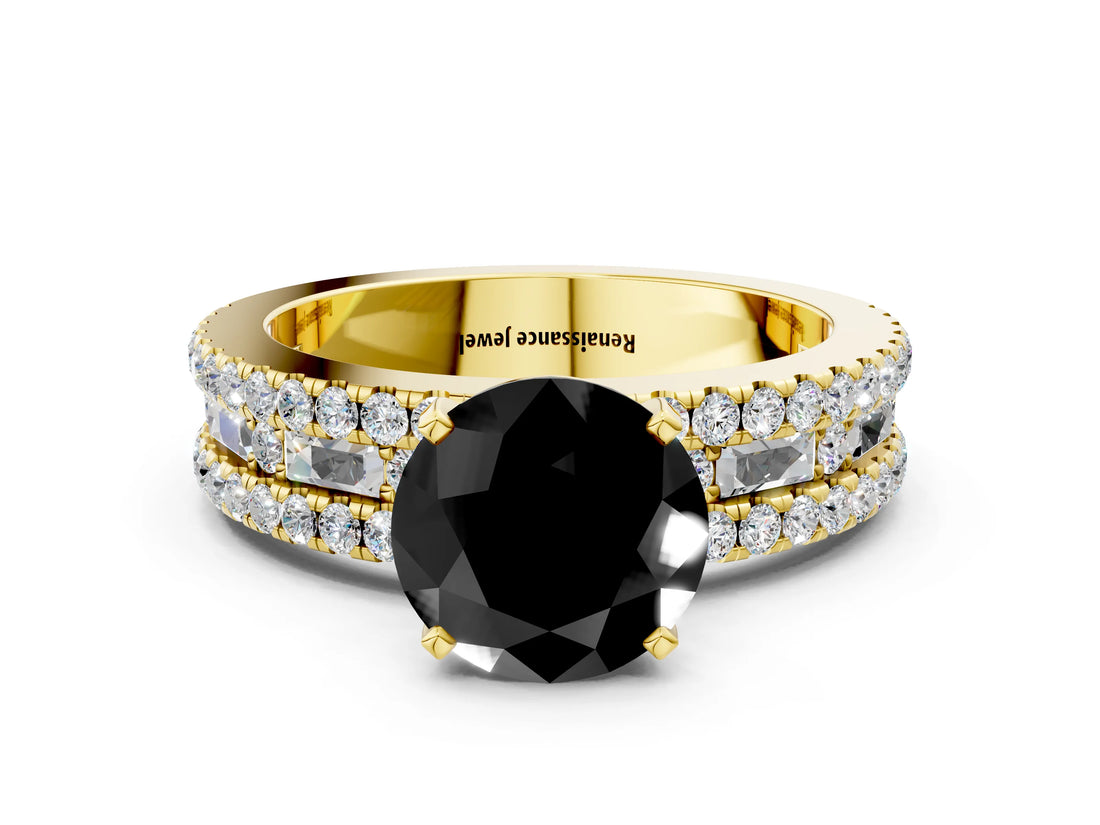 Yellow gold Fancy Black Round Cut Diamond Solitaire Ring with Pavé and Channel Set Band